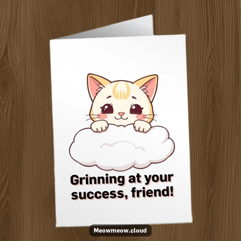 Funny Free Printable Congratulations Card: A cat with a mischievous grin peeks over a cloud, celebrating success.