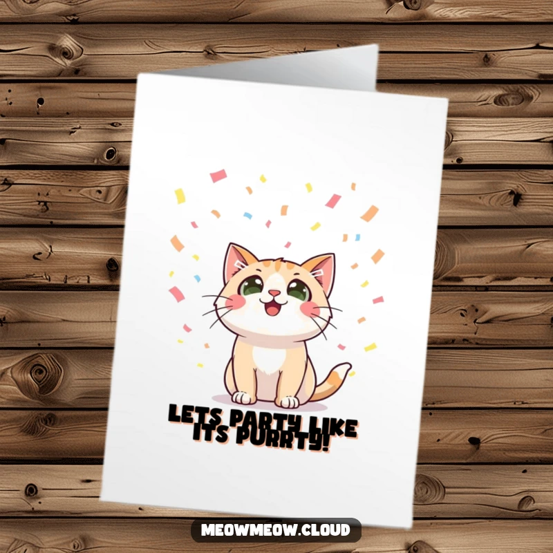 Free Printable Congratulations Card: An excited cat staring up at colorful falling confetti, joyful digital art