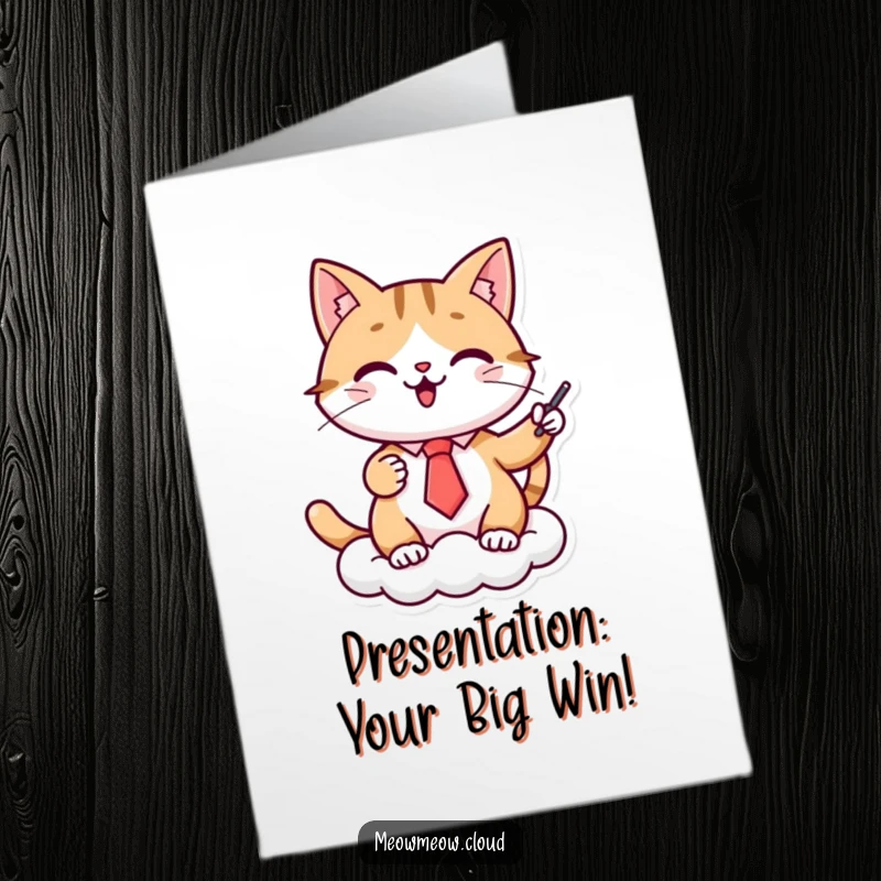Funny Free Printable Congrats Card: Cheerful cat in tiny tie enthusiastically presents findings on a cloud, celebrating success.