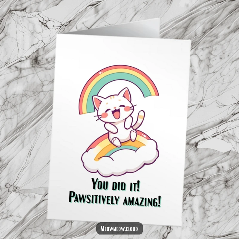 Funny Free Printable Congratulations Card: Energetic cat sliding down a rainbow, landing triumphantly on a cloud.
