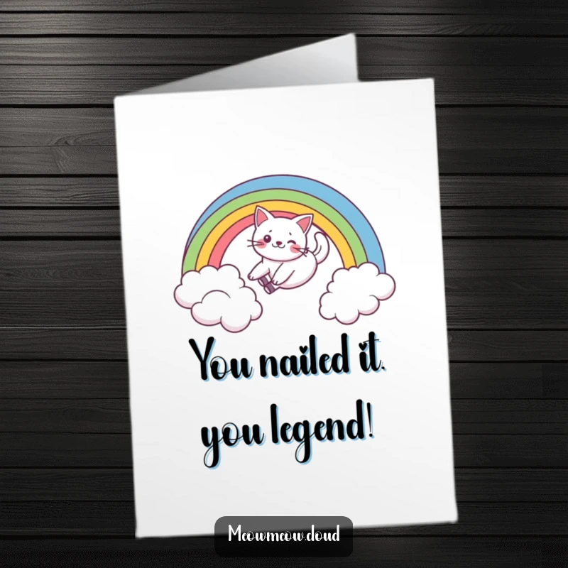 Funny Free Printable Congratulations Card: A cheerful cat joyfully slides down a rainbow, perfect for sending happy wishes.