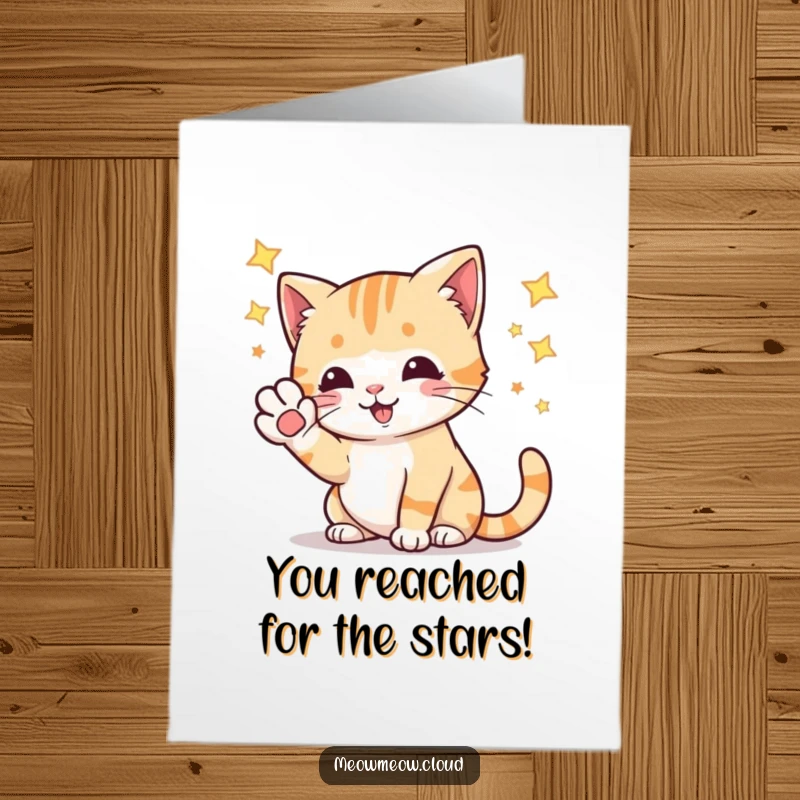 Free Printable Congratulations Card: A playful cat reaches up to bat at stars, symbolizing the attainment of big dreams.