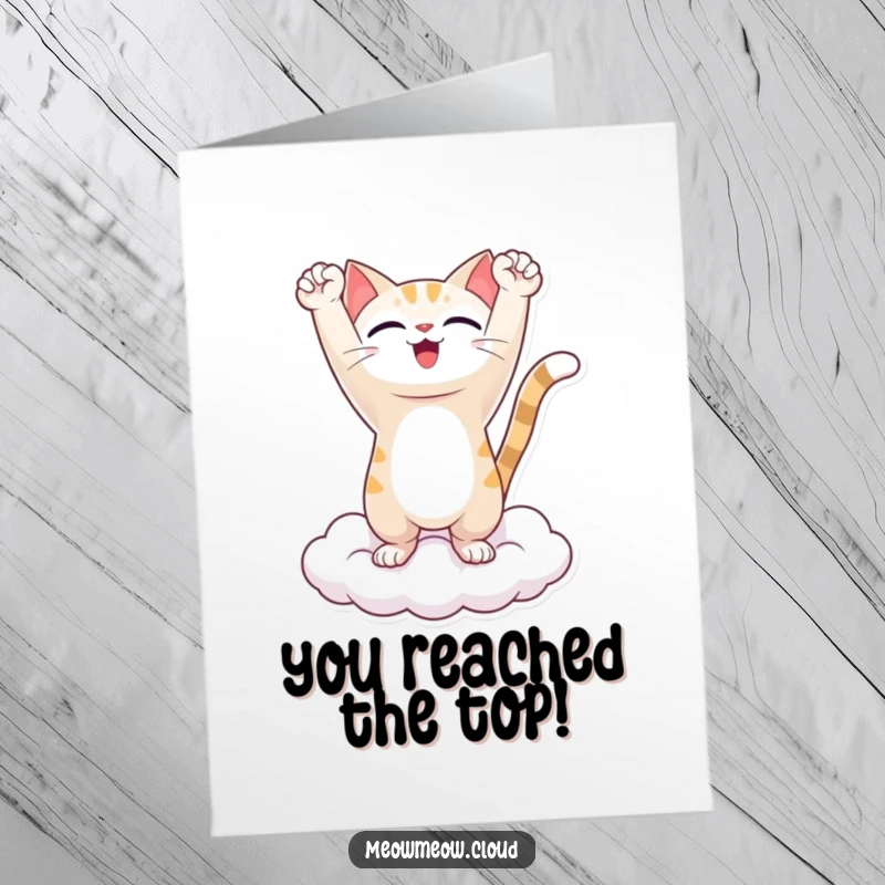Funny Free Printable Cat Congratulations Card: A triumphant cat on a cloud raises arms in a grand gesture of success.