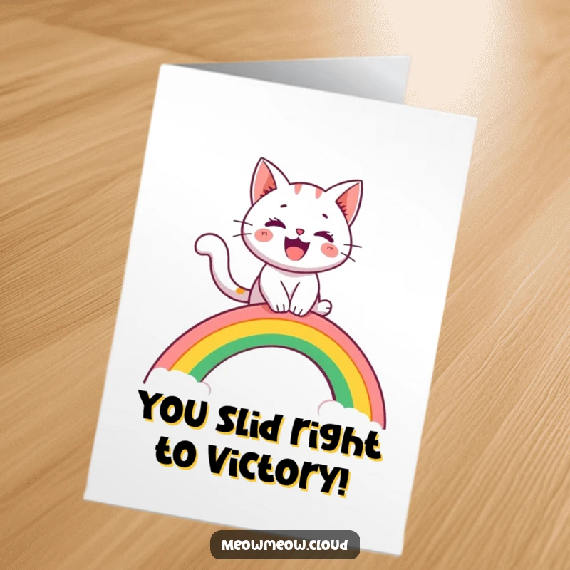 Free Printable Congratulations Card: A cheerful cat joyfully riding a rainbow like a slide, vibrant illustration