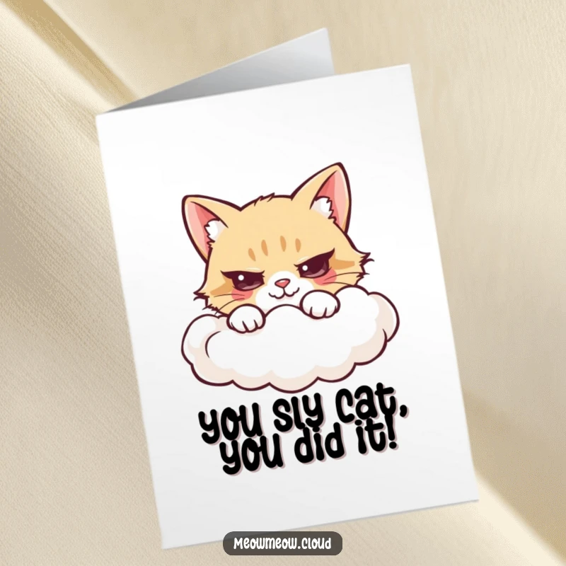 Funny Free Printable Congratulations Card: A sneaky cat is hiding behind a plump, fluffy cloud, only its eyes visible.