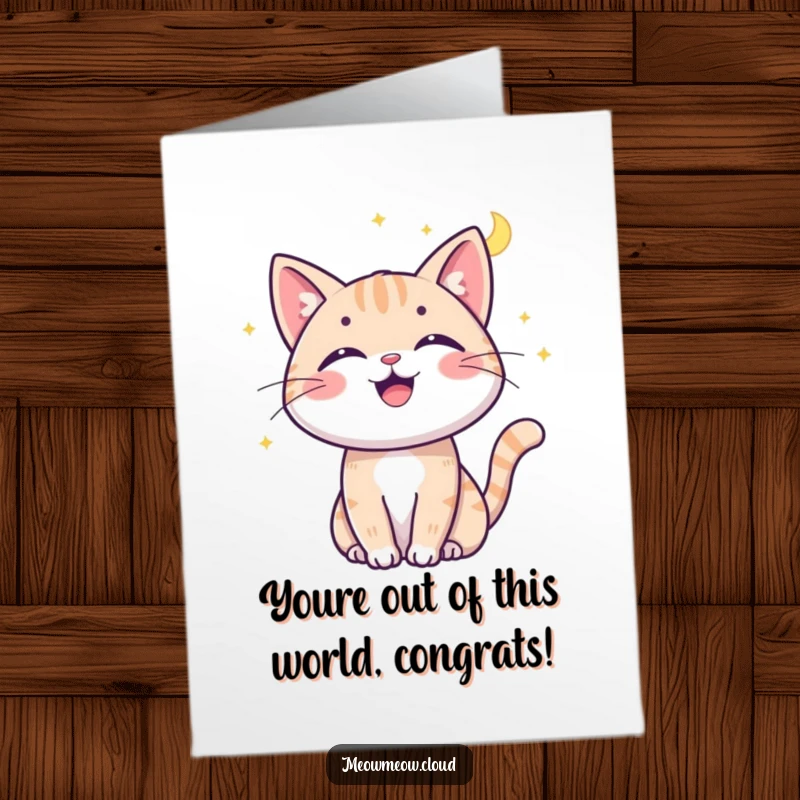 Funny Free Printable Congratulations Card: Cheerful cat joyfully batting at a glowing moonbeam, celebrating success.