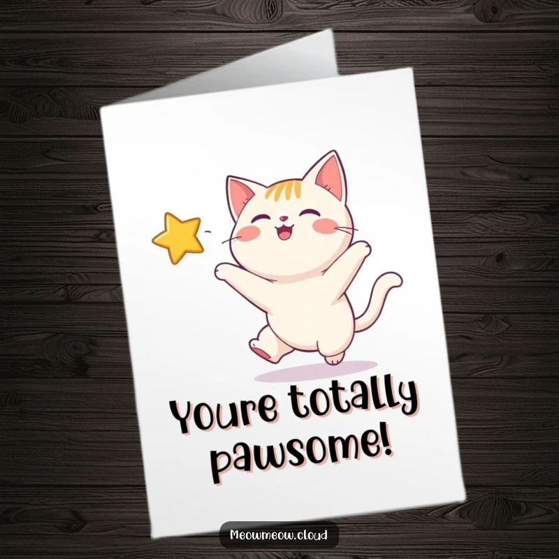 Funny Free Printable Congratulations Card: A playful cat excitedly chases a bright, twinkling star, symbolizing ambitious goals achieved.