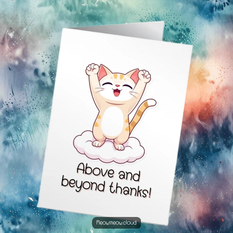 Funny Free Printable Thank You Cat Card: A victorious cat on a cloud expresses gratitude with raised arms.