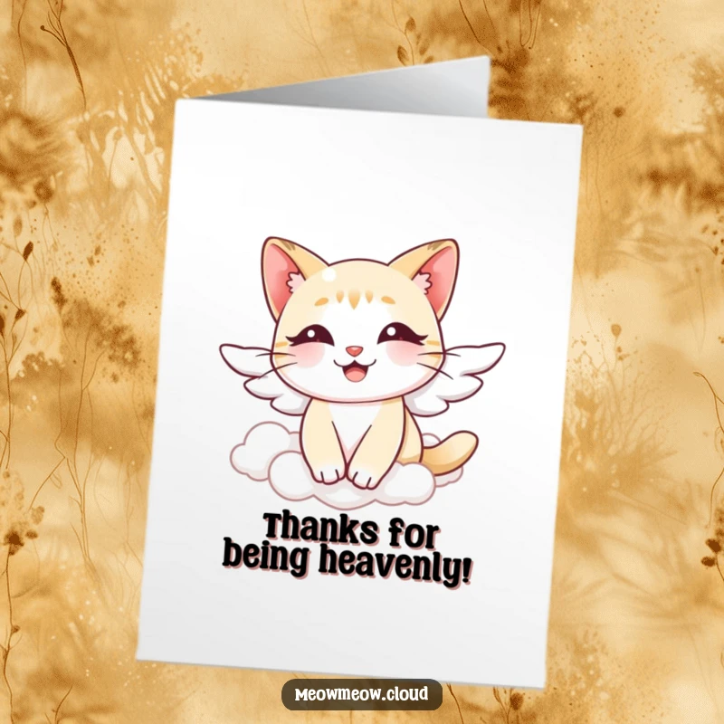 Funny Free Printable Angel Cat Thank You Card: Smiling cat with wings floating through clouds expressing thanks.