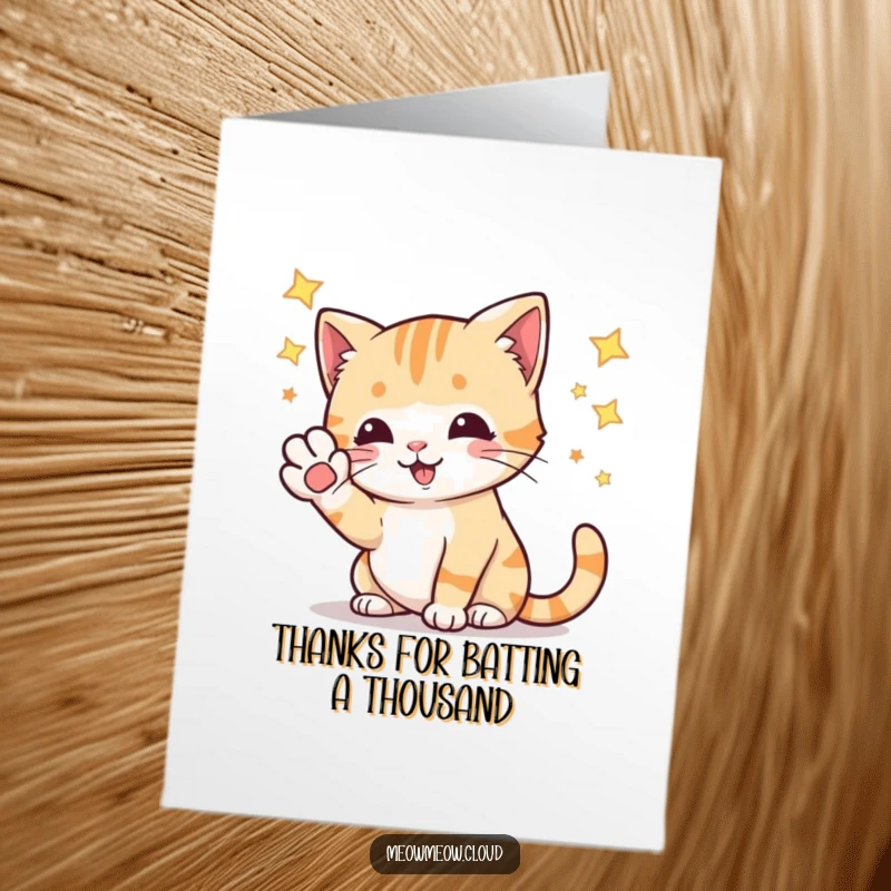 Funny Free Printable Thank You Card: A playful cat bats at stars, a whimsical way to express gratitude and joy.