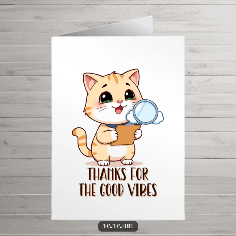 Funny Free Printable Thank You Card: Smiling cat with clipboard and magnifying glass inspects a cloud, sending thanks.