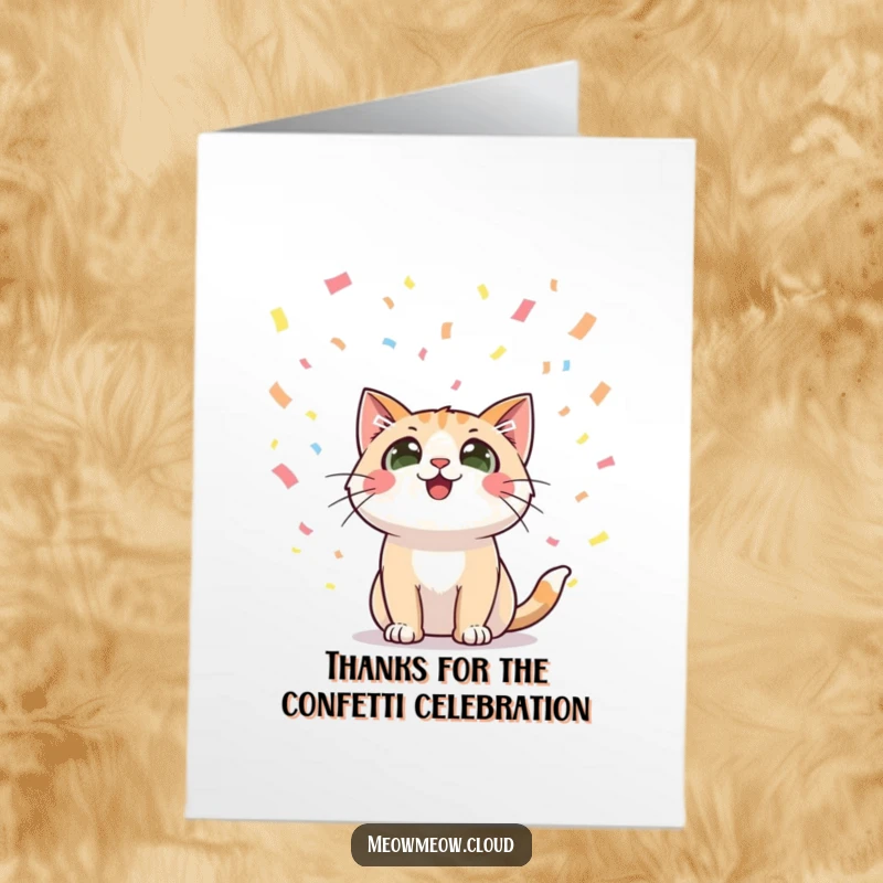 Funny Free Printable Thank You Card: A happy cat looking up at falling confetti, a fun way to say thanks