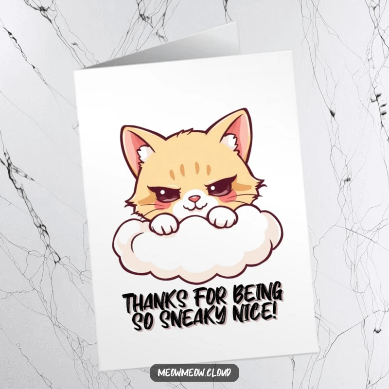 Funny Free Printable Thank You Card: A cat’s eyes peer out from behind a soft cloud, hinting at playful thanks.