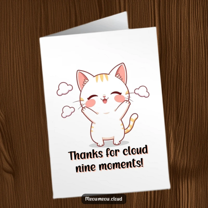 Funny Free Printable Thank You Card: Playful cat juggling light clouds, conveying a whimsical sense of appreciation.