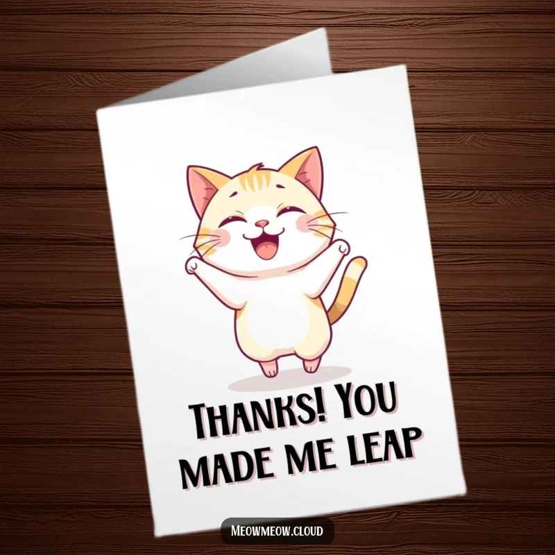 Funny Free Printable Thank You Card: A happy cat doing a surprise pounce to express thanks.