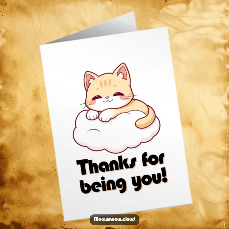 Funny Free Printable thank you card, a cute cat lounges on a cloud, sending whimsical thanks with humor.