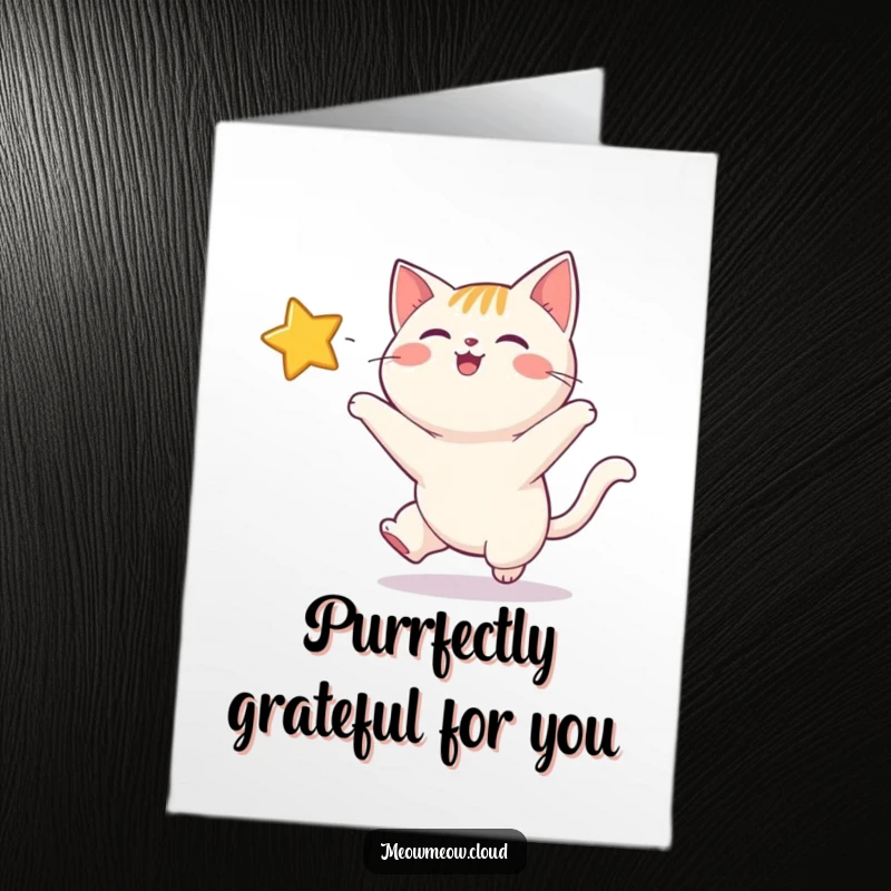 Funny Free Printable Thank You Card showing a happy cat chasing a sparkly star, a delightful way to express thanks whimsically.