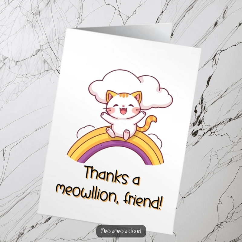 Funny Free Printable Thank You Card with a cat character gleefully sliding down a rainbow from a cloud.