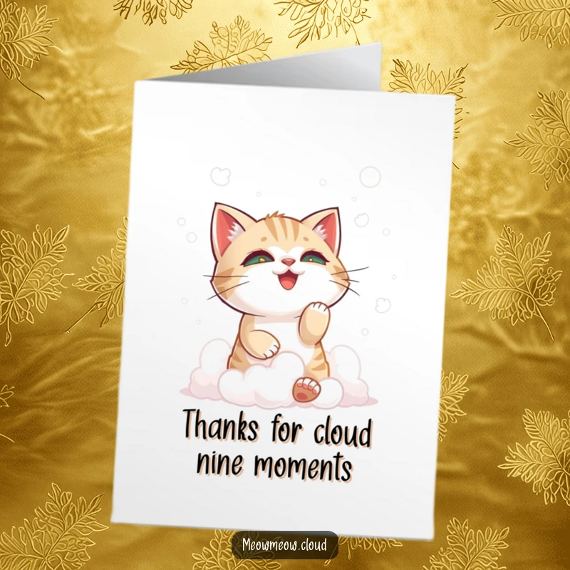 Funny Free Printable Thank You Card showing a mischievous cat playing with fluffy cloud wisps, a delightful and humorous thank you.