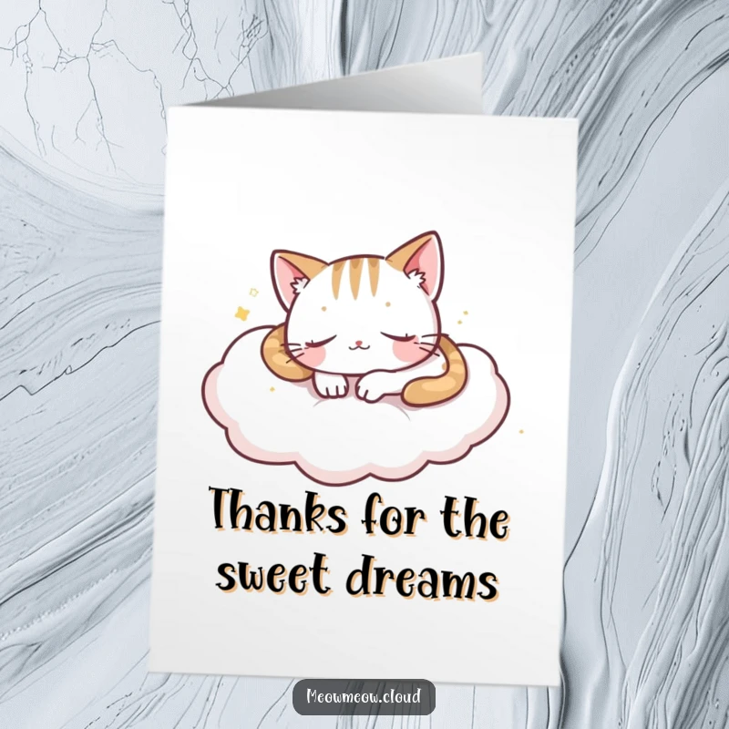 Funny Free Printable Thank You Card: A playful cat snoozes on a cloud, offering a peaceful and gentle thank you.