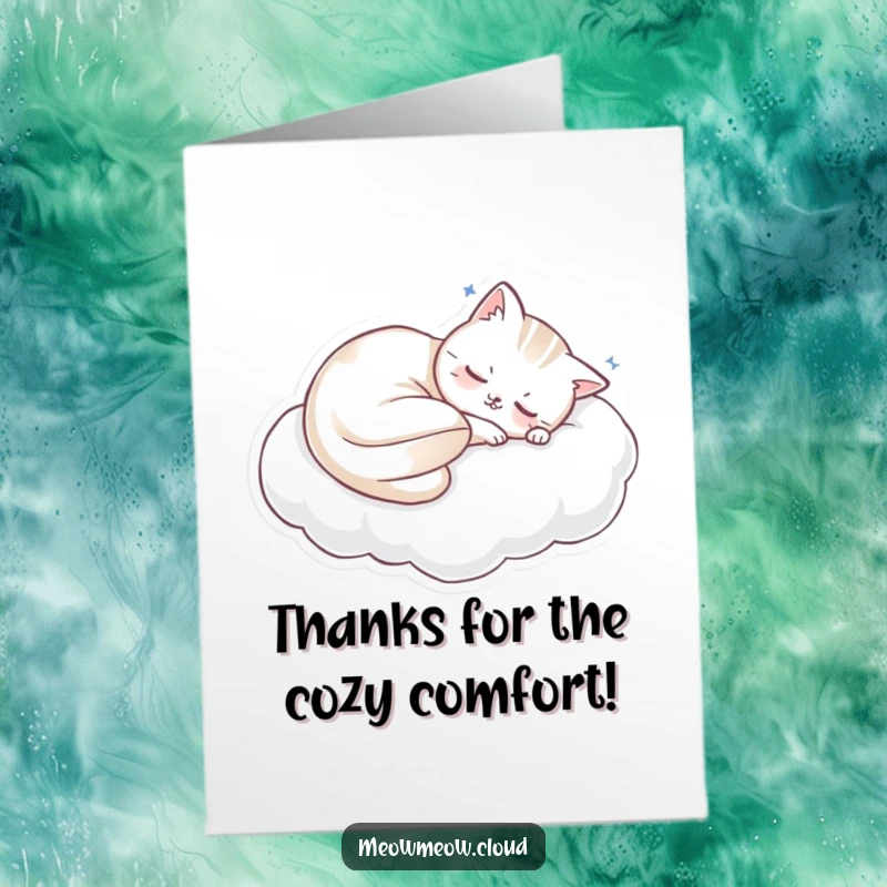 Funny Free Printable Thank You Card: A cat sleeps soundly on a cloud pillow, embodying peaceful thanks.