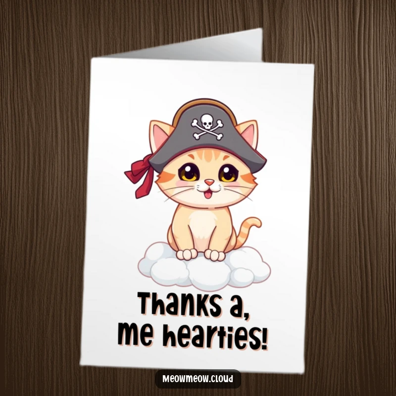 Funny Free Printable Pirate Cat Thank You Card: Proud cat in pirate hat on cloud, expressing thanks.