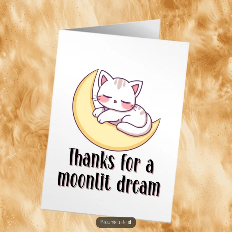 Funny Free Printable Thank You Card: A serene cat napping on a crescent moon, whimsical thank you art