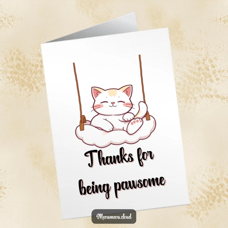 Funny Free Printable Relaxed Cat Thank You Card, a peaceful cat on a cloud swing offering thanks with a gentle, contented expression.