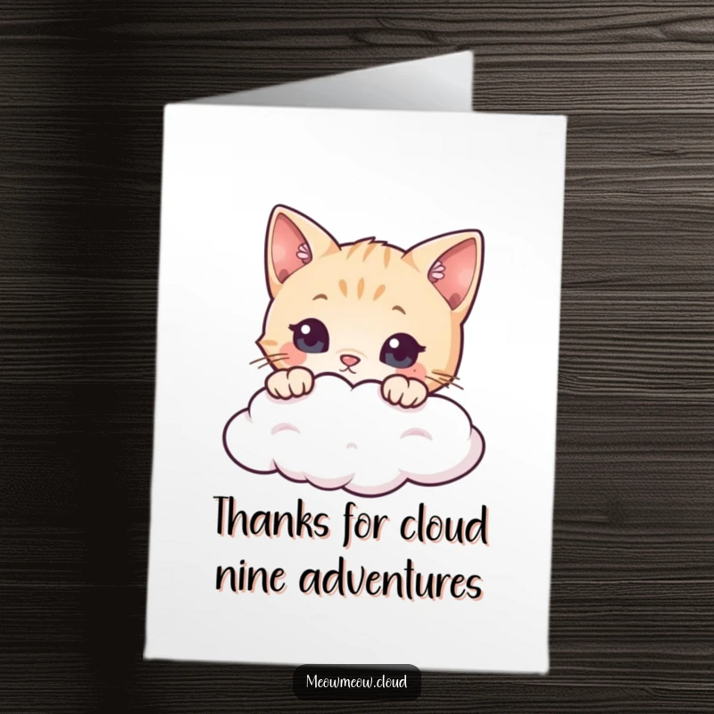 Funny Free Printable Thank You Card: Curious cat peeking from cloud edge, thoughtful expression, downloadable greeting.