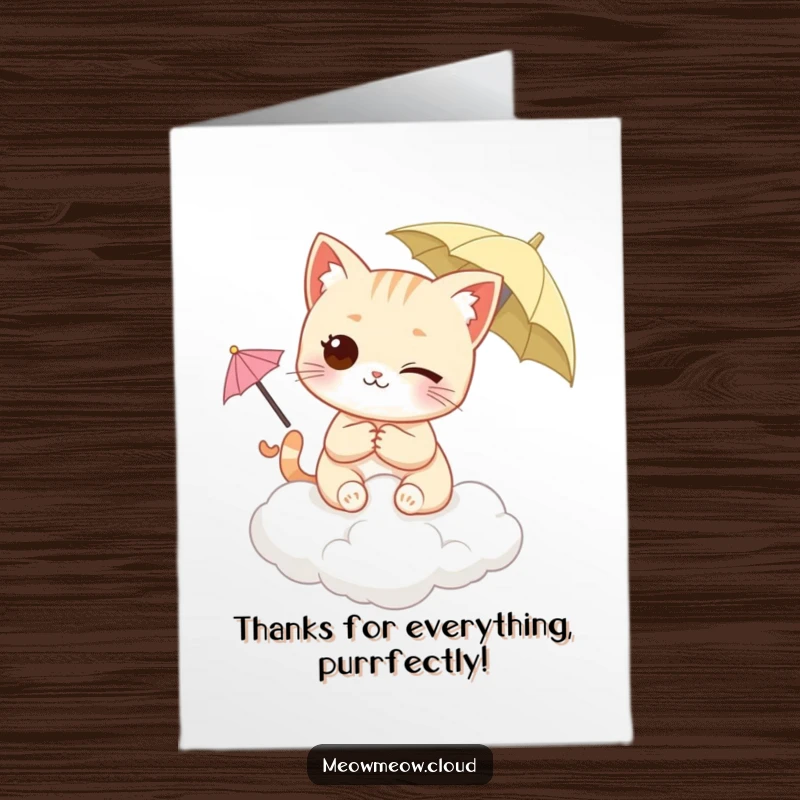 Funny free printable thank you card: a winking cat with an umbrella, perched on a cloud, sending thanks.