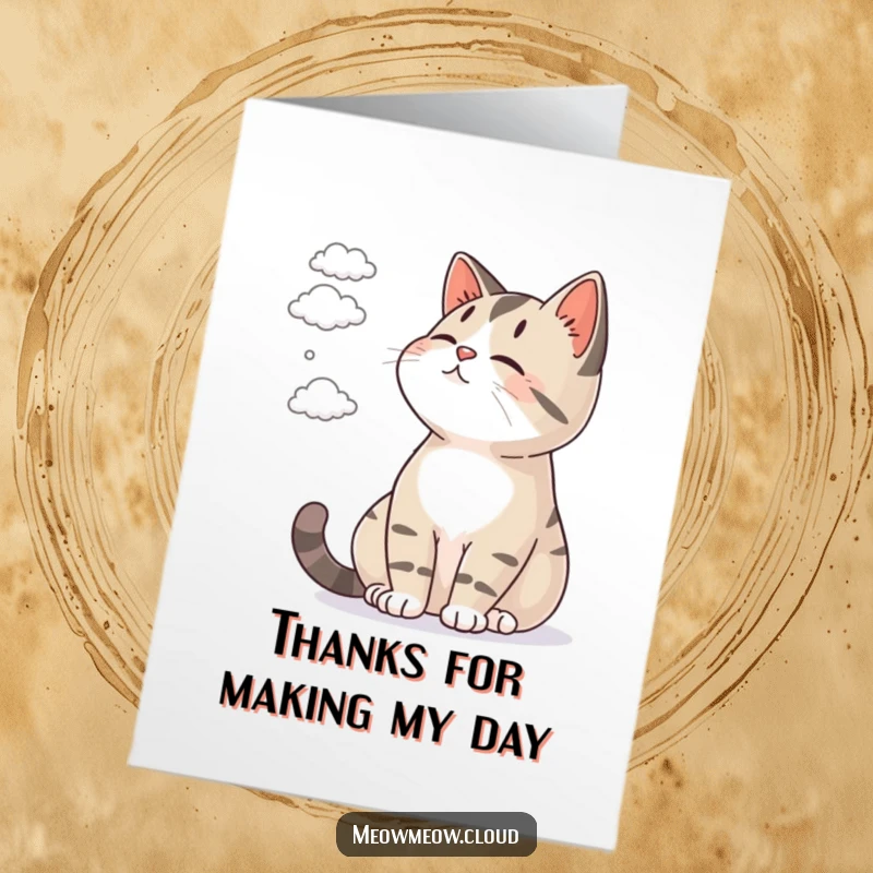 Funny Free Printable Thank You Card: A relaxed cat gazing contentedly at small, drifting clouds overhead.