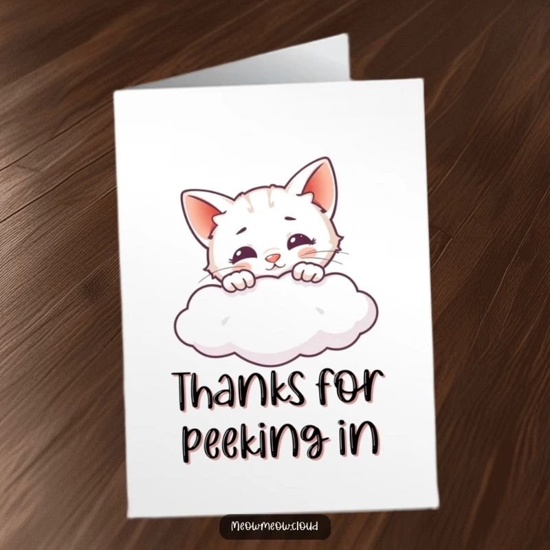 Funny free printable thank you card: A curious cat peeks over a cloud, conveying thanks with a playful gaze.