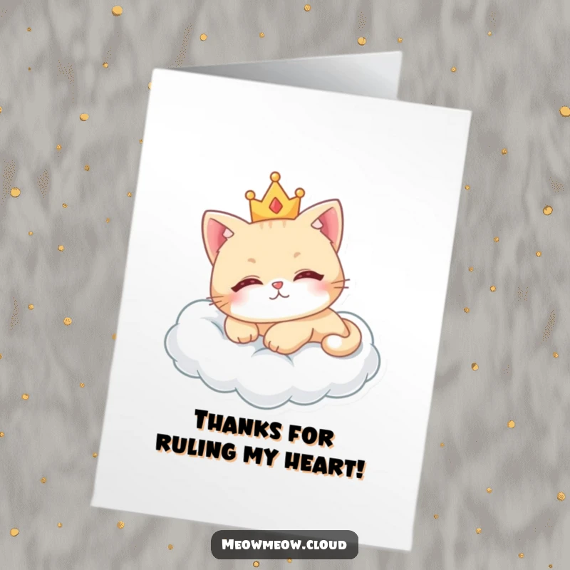 Funny Free Printable Thank You Card: Adorable cat with a crown lounges on a cloud, conveying thanks.