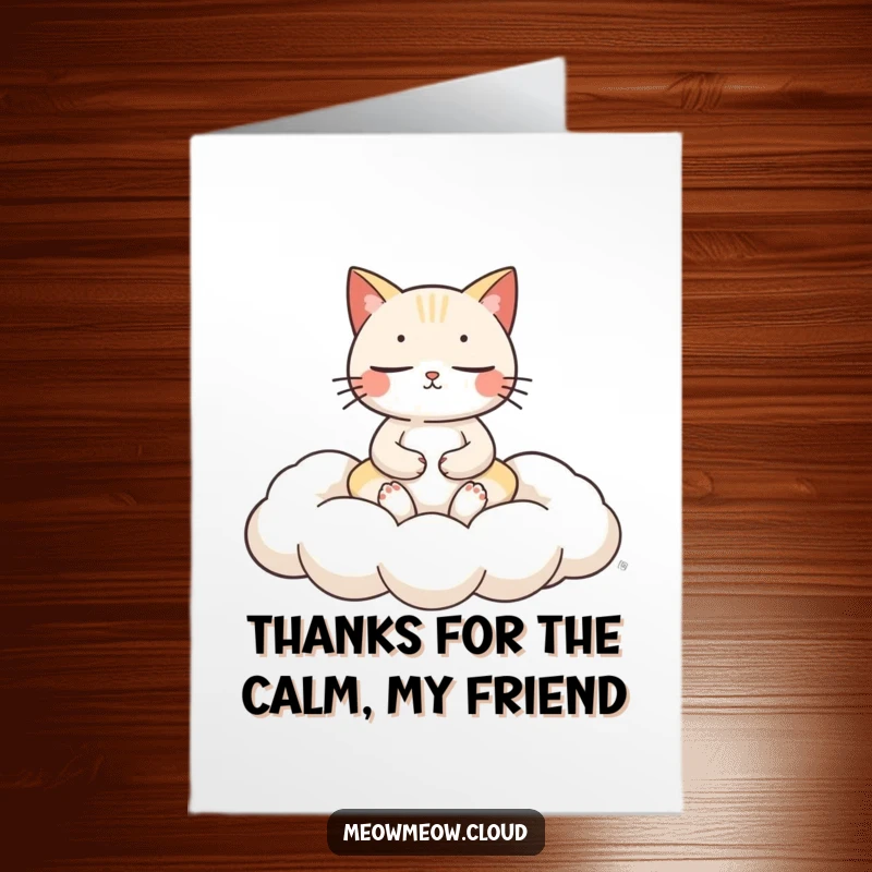Funny Free Printable Thank You Card of a cat finding inner peace while meditating on a cloud.