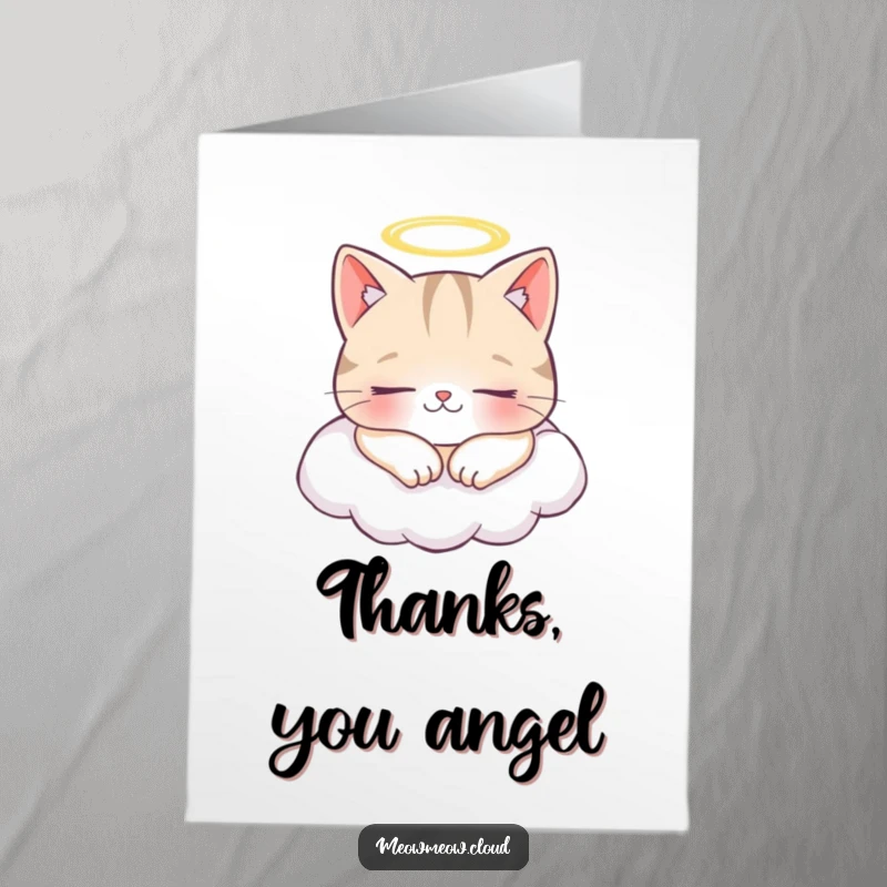 Funny Free Printable Thank You Card: Cheerful cat character wearing a tiny halo, napping peacefully on a cloud.