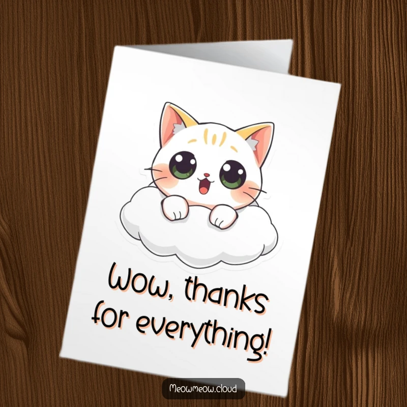 Funny Free Printable Thank You Card: Surprised cat with wide eyes on cloud, shocked expression, downloadable greeting.