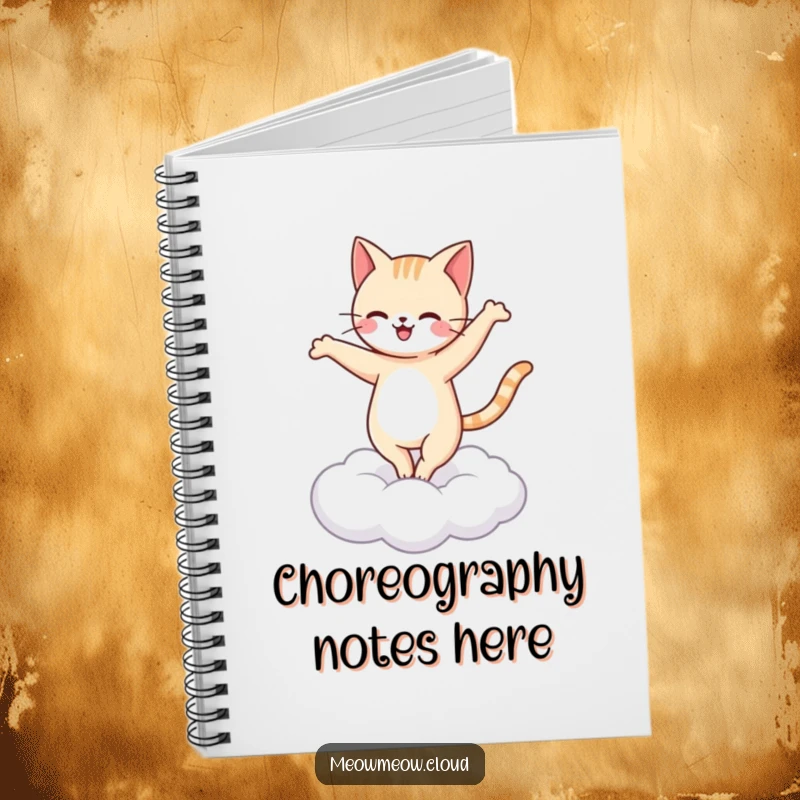 Funny happy cat ballet notebook depicting a cat doing a pirouette on a cloud, ideal for journaling.