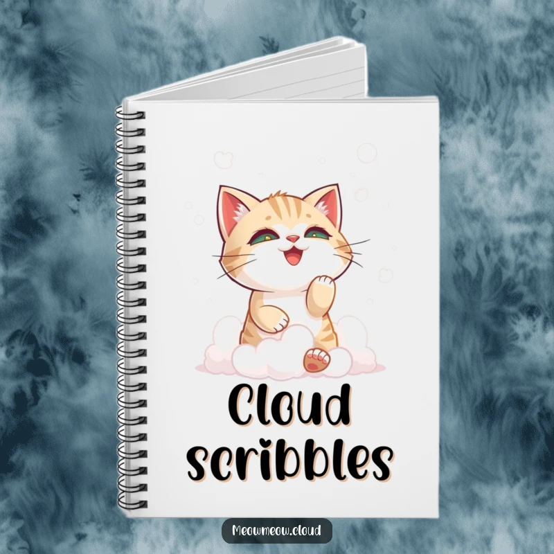 Funny cat playing with clouds, featured on a notebook cover, inspiring playful thoughts and creative ideas.