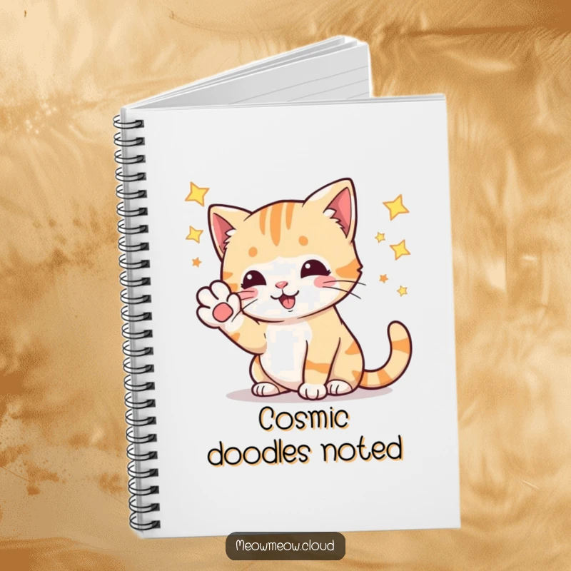 Funny playful cat batting at stars with its paw, a humorous notebook for capturing cosmic ideas.
