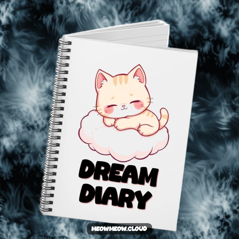 Funny cute cat purring on a cloud, decorating a notebook for jotting down whimsical thoughts and ideas.