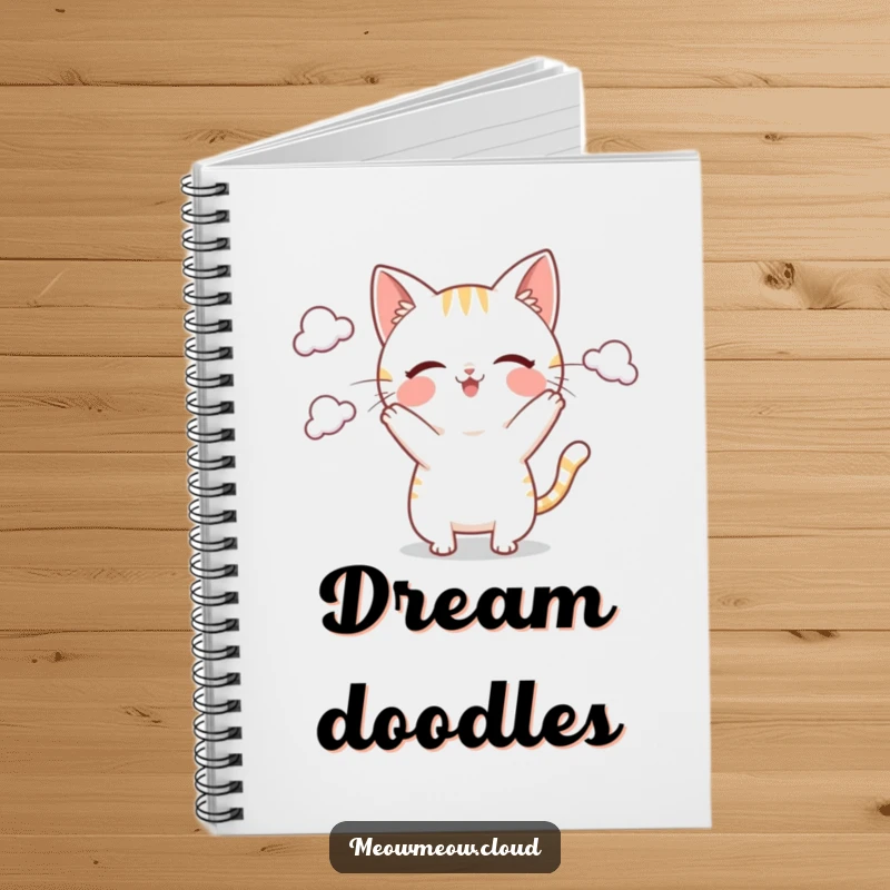 Funny Notebook featuring a playful cat character juggling small clouds, perfect for jotting down ideas and whimsical notes.