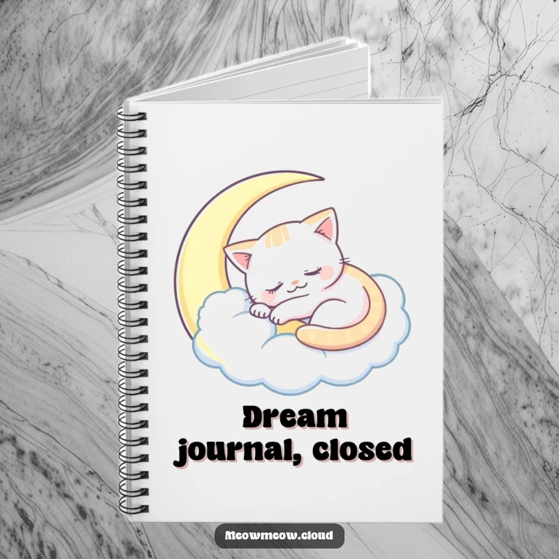 Funny sleepy cat notebook depicting a cat sleeping inside a crescent moon cloud, ideal for journaling.