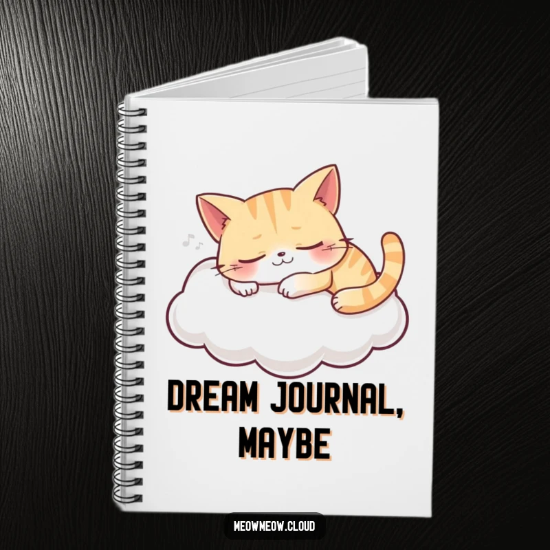 Funny notebook cover featuring a grinning cat sleeping on a cloud, ideal for note-taking and dream journaling.
