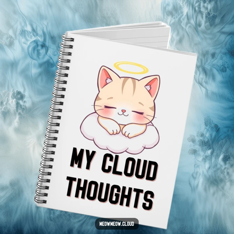 Funny notebook with a cheerful cat, halo, and cloud, encouraging users to write about peaceful thoughts and dreams.