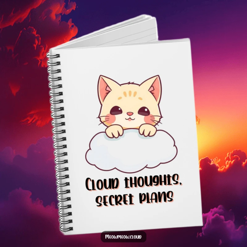 Funny notebook featuring a mischievous cat peeking over a cloud, inspiring creative writing and note-taking.