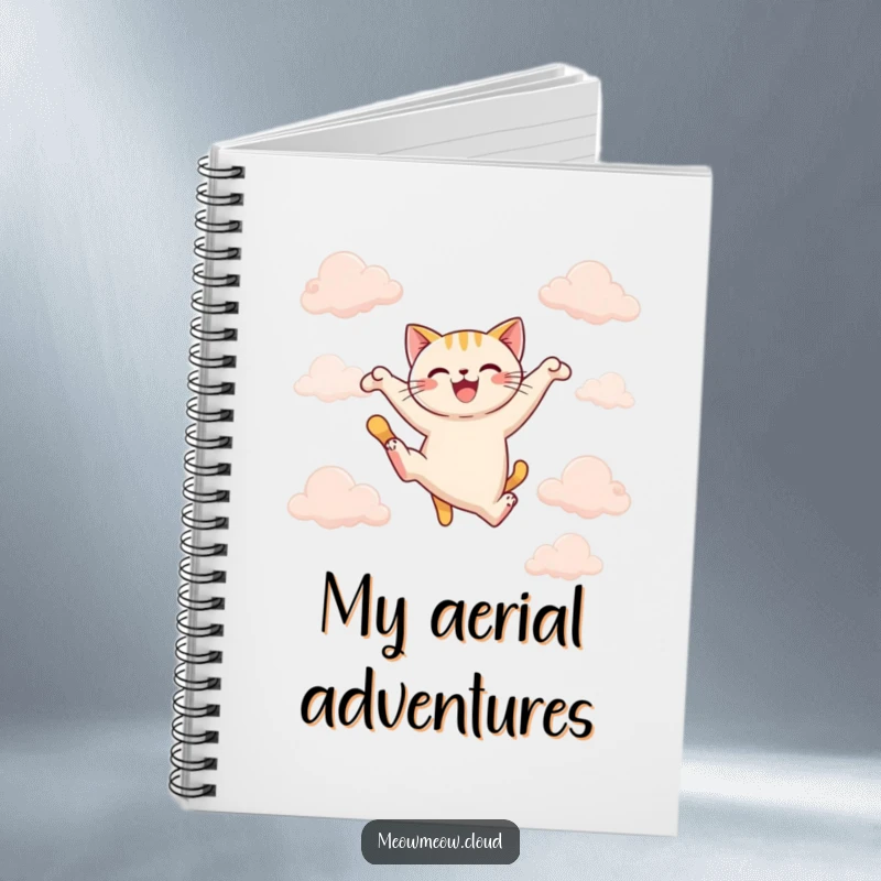 Funny joyful cat leaping between clouds on a notebook cover, perfect for energetic notes and funny gifts.