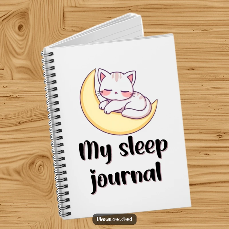 Funny notebook with an adorable cat character peacefully napping on a crescent moon, perfect for serene note-taking.
