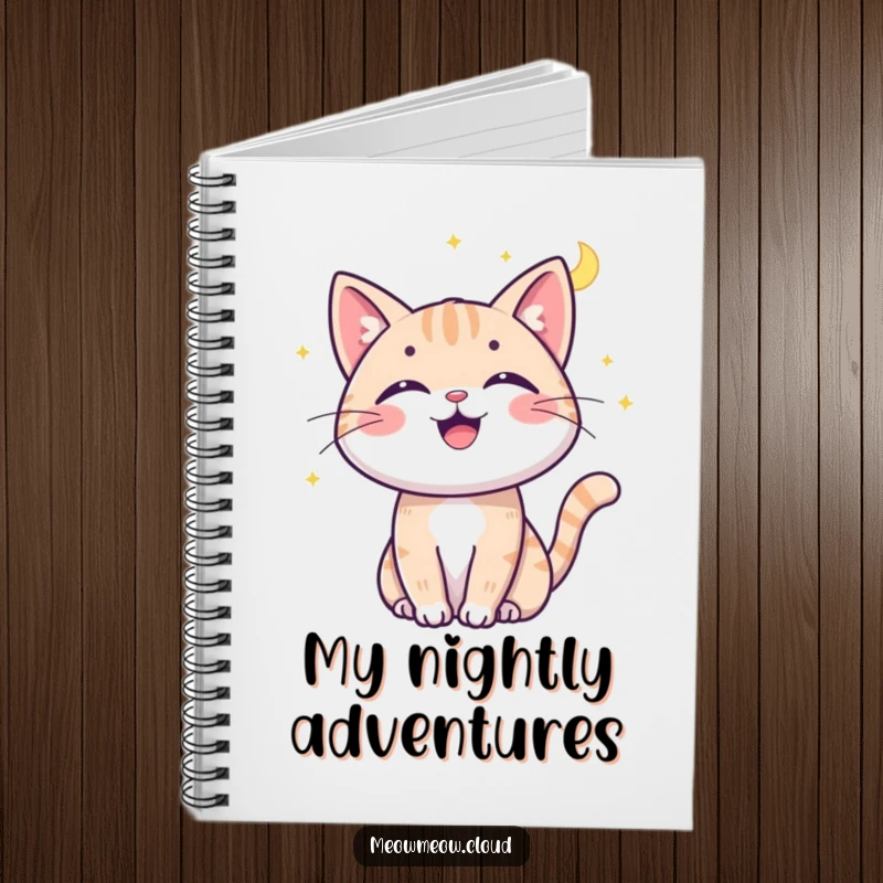 Funny cat moonbeam notebook featuring a cheerful cat batting at a moonbeam, ideal for jotting down playful thoughts.