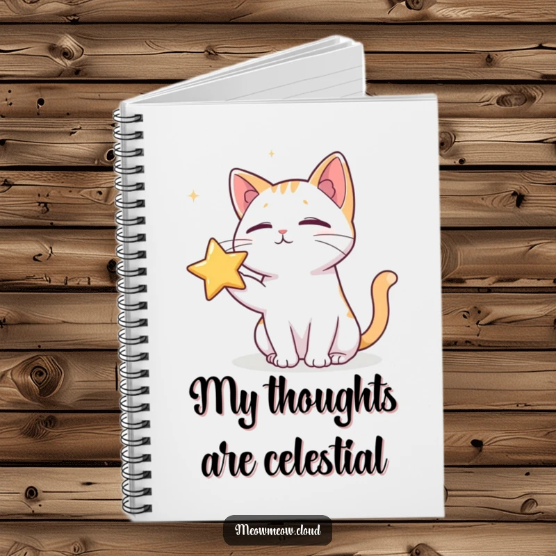 Funny notebook cover with a cat poking a star, designed for jotting down thoughts with cosmic humor.
