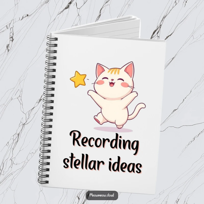Funny notebook cover with a happy cat enthusiastically chasing a bright, twinkling star across a celestial background.